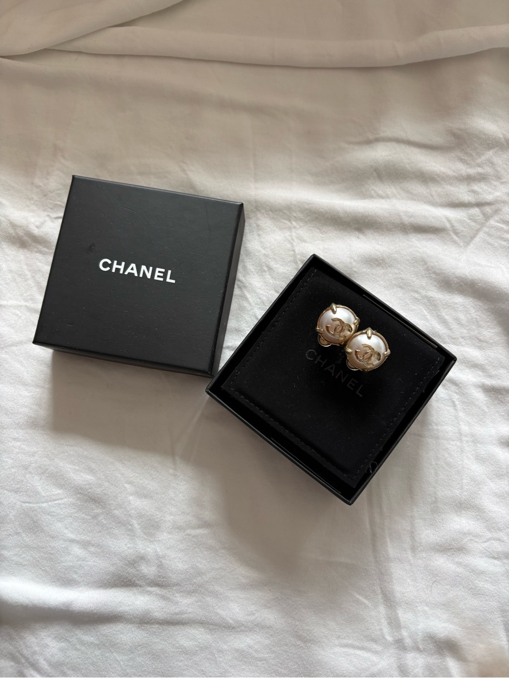 CHANEL Gold-Tone & White CC Clip-On Earrings